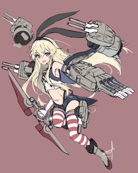 Rule 34 | 1girl, adapted costume, black panties, blonde hair, blue shorts, boots, brown background, commentary request, elbow gloves, gloves, grey eyes, highleg, highleg panties, highres, holding, kantai collection, long hair, micro shorts, midriff, minosu, panties, parted lips, rensouhou-chan, rigging, shimakaze (kancolle), short shorts, shorts, sleeveless, striped clothes, striped thighhighs, thighhighs, twitter username, underwear, very long hair, white gloves