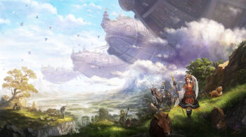 1boy 2girls antlers banner beard bird brown_hair capybara day deer dress facial_hair fantasy flower gazelle grand_scale grass hand_up headdress highres horizon horns horse horseback_riding makkou_4 mountain multiple_girls old old_man one_eye_closed original outdoors polearm ponytail rainbow riding scenery signature sky spear staff sword tree weapon white_hair