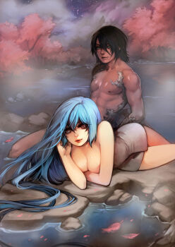 1boy 1girl absurdres black_hair blue_hair breasts censored censored_nipples cleavage commentary convenient_censoring english_commentary green_eyes highres ippus kessalendros_mumyou large_breasts long_hair lying maera_caenis_nereus mixed-sex_bathing nude onsen original revision scales shared_bathing towel tree