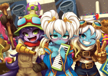 3girls :d ;) animal_ears aqua_eyes artist_name bare_shoulders blonde_hair blue_eyes blue_skin clenched_teeth colored_skin cosplay ezreal ezreal_(cosplay) gloves gradient_hair green_eyes hat highres instrument league_of_legends long_hair looking_at_viewer lulu_(league_of_legends) multicolored_hair multiple_girls nestkeeper one_eye_closed open_mouth pix_(league_of_legends) poppy_(league_of_legends) purple_hair short_hair smile sona_(league_of_legends) sona_buvelle_(cosplay) teemo teemo_(cosplay) teeth tristana_(league_of_legends) twintails v very_long_hair watermark web_address white_hair