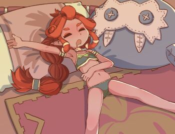 1girl armband armpits bare_shoulders blue_lips braid closed_eyes collarbone commentary_request crop_top dark-skinned_female dark_skin drooling eyeshadow feet_out_of_frame gold_trim green_panties green_shirt hair_ornament hairclip highres indoors jewelry lace lace-trimmed_panties lace_trim lipstick long_hair makeup navel neck_ring nintendo on_bed open_mouth orenjipiiru outstretched_arm oversized_object panties pillow red_eyeshadow red_hair riju shirt sidelocks single_braid sleeping solo straight_hair stuffed_animal stuffed_toy the_legend_of_zelda the_legend_of_zelda:_breath_of_the_wild thick_eyebrows underwear very_long_hair