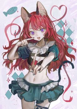 1girl :d absurdres animal_ear_fluff animal_ears aqua_nails aqua_skirt aqua_sleeves black_bra bra breasts cat_ears cat_girl cat_tail collar finger_to_cheek fish frilled_collar frilled_skirt frills highres index_finger_raised kamitsubaki_studio liangban_xiexu long_hair looking_at_viewer midriff navel neffy_(valis) open_mouth outstretched_hand puffy_short_sleeves puffy_sleeves purple_eyes red_hair red_nails red_ribbon ribbon short_sleeves sinsekai_record skirt small_breasts smile solo standing tail underwear valis_(sinsekai) virtual_youtuber