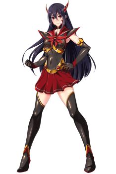 1girl black_gloves black_hair black_thighhighs blush boots breasts choker clenched_hand covered_erect_nipples covered_navel dark_ignis_(sailor_element) dark_persona elbow_gloves facial_mark full_body game_cg gloves hair_between_eyes hand_on_own_hip high_heels highres horns jewelry large_variant_set long_hair looking_at_viewer magical_girl medium_breasts miniskirt mizushima_aoi nana_g non-web_source official_art pleated_skirt red_eyes red_sailor_collar red_skirt sailor_collar sailor_element shiny_clothes simple_background skin_tight skirt smile solo standing thighhighs transparent_background variant_set very_long_hair white_background zettai_ryouiki