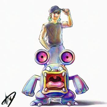 Rule 34 | 1boy, adjusting clothes, adjusting headwear, baseball cap, belt, black belt, blue hat, blue pants, brown shirt, commentary request, facial hair, gen 3 pokemon, green hair, grin, hand in pocket, hat, highres, kaosu (kaosu0905), loudred, male focus, nintendo, nostrils, open mouth, original, pants, pokemon, pokemon (creature), shirt, short hair, signature, simple background, sleeveless, sleeveless shirt, smile, soul patch, standing, tongue, uvula, white background