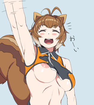 1girl animal_ears antenna_hair areola_slip blazblue blazblue:_continuum_shift blush breasts brown_eyes brown_hair closed_eyes crop_top extreme_crop_top gloves large_breasts makoto_nanaya midriff multicolored_hair navel nipple_slip nipples open_mouth revealing_clothes short_hair solo squirrel_ears squirrel_girl squirrel_tail tail teeth touniyuu two-tone_hair underboob upper_teeth_only waving