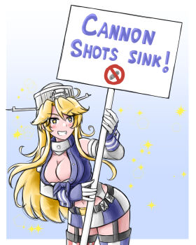 1girl admiral_paru blonde_hair blue_background blue_eyes blue_shirt blue_skirt blush breasts cleavage commentary cowboy_shot elbow_gloves english_commentary garter_straps gloves grin highres holding holding_sign iowa_(kancolle) kantai_collection large_breasts long_hair looking_at_viewer miniskirt navel shirt sign skirt sleeveless sleeveless_shirt smile solo star-shaped_pupils star_(symbol) symbol-shaped_pupils thighhighs tied_shirt two-tone_skirt white_gloves white_skirt