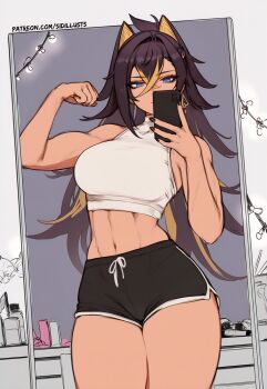 abs black_hair blue_eyes breasts crop_top dark-skinned_female dark_skin dehya_(genshin_impact) dolphin_shorts earrings genshin_impact highres jewelry large_breasts long_hair mirror mirror_selfie multicolored_hair muscular muscular_female orange_hair phone selfie shorts sidillusts thick_thighs thighs two-tone_hair