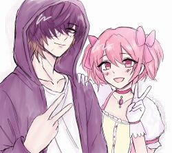 Rule 34 | 1boy, 1girl, absurdres, bow, choker, collarbone, commentary, crossover, dithering, english commentary, eyepatch, gloves, gradient hair, hair bow, hair over one eye, hand on another&#039;s shoulder, highres, hood, hoodie, kaname madoka, looking at viewer, magical girl, mahou shoujo madoka magica, mahou shoujo madoka magica (anime), mizsua, multicolored hair, open mouth, pink bow, pink choker, pink hair, puffy short sleeves, puffy sleeves, purple hair, purple hoodie, shirt, short hair, short sleeves, short twintails, simple background, slow damage, smile, soul gem, towa (slow damage), twintails, upper body, v, white background, white gloves, white shirt