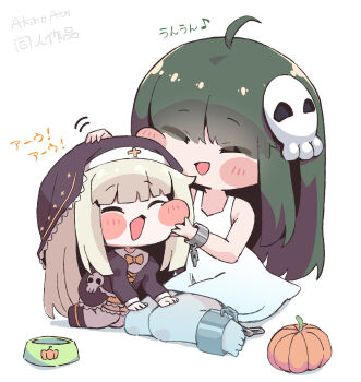 2girls ahoge akino_yoo blonde_hair bow bowl chain chibi commentary_request cuffs dress green_hair highres long_hair multiple_girls nun nun_headdress pet_bowl pumpkin sari_(trickcal) shackles skull speaki_(trickcal) trickcal white_dress yellow_bow