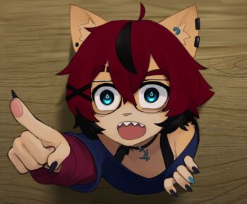 1girl aeiou_(yoako) ahoge animal_ears aqua_eyes aqua_nails black_choker black_hair black_nails blue_shirt body_fur cat_ears cat_girl choker commentary crossed_bangs earclip earrings english_commentary fingernails furry furry_female glasses hair_between_eyes hair_ornament index_finger_raised jewelry long_sleeves looking_to_the_side meme open_mouth original pointing pointing_to_the_side portrait power_symbol-shaped_pupils red_hair red_sleeves sharp_fingernails sharp_teeth shirt short_hair solo stud_earrings symbol-shaped_pupils teeth through_wall upper_teeth_only wooden_wall x_hair_ornament yoako you_higher_mammal_(meme)