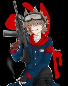 Rule 34 | 1boy, animification, armband, bandaged neck, bandages, black background, black boots, black gloves, black pants, blood, blood on face, blue coat, boots, brown hair, cigarette, coat, commentary, drawstring, eddsworld, english commentary, fingerless gloves, future tord (eddsworld), gloves, glowing, glowing eyes, goggles, goggles on head, grey eyes, grin, gun, hair ears, highres, holding, holding cigarette, holding gun, holding weapon, hood, hood down, hoodie, iuyitd, looking at viewer, male focus, name tag, pants, red armband, red hoodie, short hair, signature, simple background, sitting, smile, smoke, solo, symbol-only commentary, tord (eddsworld), variant set, weapon