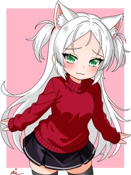 1girl :3 alternate_costume animal_ears azur_lane black_skirt blush casual cat_ears cat_girl green_eyes highres leaning_forward long_hair looking_at_viewer miniskirt red_sweater reinforceiris sims_(azur_lane) skirt solo sweater thighhighs very_long_hair white_hair