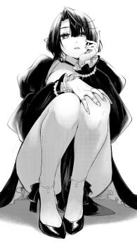1girl anklet bare_legs black_dress black_eyes black_hair black_shoes character_request commentary_request copyright_request dress fingernails frilled_sleeves frills greyscale hair_between_eyes hand_on_own_knee head_on_hand high_heels highres jewelry leg_focus long_sleeves looking_at_viewer monochrome morinaga_miki parted_lips pelvic_curtain ring shoes simple_background solo squatting white_background