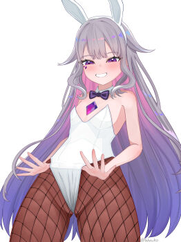 1girl absurdres alternate_costume animal_ears bare_shoulders blush bow bowtie brown_pantyhose center-flap_bangs chest_jewel collar colored_inner_hair commentary cowboy_shot detached_collar double-parted_bangs english_commentary fake_animal_ears fishnet_pantyhose fishnets flat_chest gradient_hair grey_hair grin hair_flaps highres hololive hololive_english jewel_under_eye koseki_bijou leotard long_hair long_sidelocks looking_at_viewer multicolored_hair paid_reward_available pantyhose pink_hair playboy_bunny purple_bow purple_bowtie purple_eyes purple_hair rabbit_ears sidelocks simple_background smile solo strapless strapless_leotard very_long_hair virtual_youtuber white_background white_collar white_leotard yahnuko