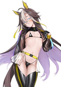 1girl absurdres ahoge animal_ears bikini black_shrug blue_eyes breasts brown_hair commentary dream_journey_(umamusume) flat_chest glasses gloves highres horse_ears horse_girl horse_tail long_hair micro_bikini multicolored_hair navel race_queen revealing_clothes ribs see-through_clothes showgirl_skirt shrug_(clothing) skirt solo stomach string_bikini swimsuit symbol-only_commentary tail thighhighs ugohato umamusume white_hair