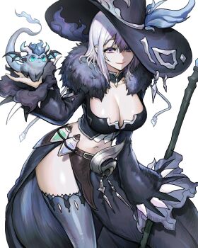 1girl absurdres black_hat breasts cleavage dragon fur_trim grey_thighhighs hat hibiwa highres holding holding_staff large_breasts long_sleeves looking_at_viewer mage_staff navel original potion purple_eyes short_hair simple_background solo staff standing tail thighhighs thighs western_dragon white_background white_hair witch_hat