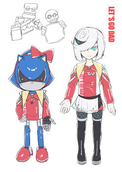 black_boots black_leggings blue_eyes blue_hair boots cape capelet colored_extremities colored_inner_hair colored_skin commentary commentary_request cubot english_text hair_ribbon highres insignia leggings light_smile loli metal_sonic military_rank_insignia multicolored_hair myuutau_tadakichi orbot outstretched_hand race_queen racing racing_suit red_ribbon red_shirt reference_sheet ribbon sage_(sonic) shirt short_hair skirt smile sonic_(series) sonic_racing:_crossworlds white_hair white_skin white_skirt yellow_cape yellow_capelet