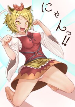 Rule 34 | 1girl, animal ears, barefoot, black hair, black ribbon, blonde hair, blue background, blush, breasts, cat day, cat ears, cat girl, commentary request, dress, fangs, full body, hair ornament, harunoha, highres, impossible clothes, impossible dress, kemonomimi mode, kneeling, long sleeves, looking at viewer, medium breasts, multicolored hair, neck ribbon, open mouth, panties, paw pose, pinafore dress, red dress, ribbon, shirt, short hair, sleeveless, sleeveless dress, slit pupils, solo, streaked hair, sunburst, sunburst background, toramaru shou, touhou, underwear, white background, white panties, white shirt, wide sleeves, yellow eyes