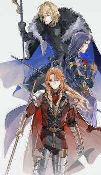 Rule 34 | 3boys, arm belt, armor, armored legwear, asymmetrical hair, belt, belt buckle, black armor, black belt, black fur, blonde hair, blue cape, blue eyes, breastplate, buckle, cape, closed mouth, coat, commentary request, cowboy shot, dimitri alexandre blaiddyd, dimitri alexandre blaiddyd (timeskip), eyepatch, ferdinand von aegir, ferdinand von aegir (timeskip), fire emblem, fire emblem: three houses, flower, fur trim, gauntlets, grey background, hair between eyes, hair intakes, highres, holding, holding polearm, holding weapon, ketaku0404, lapels, long hair, looking at viewer, lorenz hellman gloucester, lorenz hellman gloucester (timeskip), male focus, multiple boys, nintendo, one eye covered, orange eyes, parted hair, pauldrons, polearm, purple armor, purple eyes, purple hair, red cape, red coat, red flower, red rose, rose, rubble, shirt, shoulder armor, signature, simple background, straight-on, very long hair, wavy hair, weapon