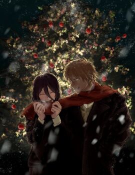 1boy 1girl absurdres black_coat blonde_hair blush chainsaw_man christmas christmas_ornaments closed_eyes coat commentary couple denji_(chainsaw_man) hair_between_eyes hetero highres looking_at_another open_mouth otataru0806 purple_hair red_scarf reze_(chainsaw_man) scarf shared_clothes shared_scarf short_hair smile snowing symbol-only_commentary upper_body