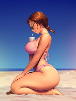 1girl :q a.x. absurdres ass barefoot beach between_breasts bikini blue_sky blush breasts brown_eyes brown_hair commentary_request cup dark_skin drinking drinking_straw feet from_side highres large_breasts looking_at_viewer medium_hair messy_hair mole mole_on_shoulder original outdoors pink_bikini ponytail seiza sitting sky smile soles solo sunglasses swimsuit tan tanline thick_thighs thighs toes tongue tongue_out