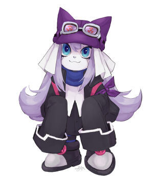 Rule 34 | appmon, blue eyes, boots, digimon, goggles, goggles on head, hat, highres, jacket, long hair, looking at viewer, offmon, original, purple eyes, simple background, smile, soulkiusscribbles, white background
