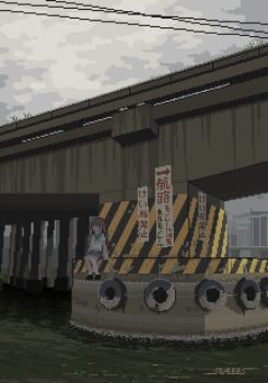 1girl animated animated_gif arm_support arrow_(symbol) artist_name bird black_shoes bridge brown_hair cloud cloudy_sky faceless faceless_female green_skirt highres long_hair looping_animation original outdoors overcast pixel_art pleated_skirt power_lines scenery school_uniform seaeees shoes short_sleeves sitting skirt sky solo translation_request water wind