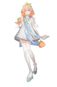 Rule 34 | 1girl, asymmetrical legwear, bag, blue eyes, detached sleeves, dress, full body, gamagori uta, grin, hair between eyes, hair ornament, highres, holding, long sleeves, medium hair, mismatched legwear, official art, onsen musume, orange bag, orange hair, shoes, shokuen (oxstl), shoulder bag, simple background, smile, solo, standing, tassel, teeth, thighhighs, transparent background, white dress, white shoes, white sleeves, white thighhighs