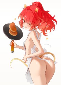 >_o absurdres apron ass blush bonnibelle_amai breasts butt_crack cooking food frying_pan heart highres indie_virtual_youtuber kkix25 manta_ray_girl manta_ray_tail naked_apron one_eye_closed pancake sideboob small_breasts tongue tongue_out virtual_youtuber white_apron