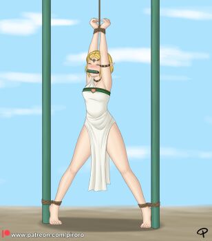 1girl apron armlet arms_up artist_name bare_shoulders bdsm bit_gag black_armlet black_trim blonde_hair blue_background blue_sky blush bob_cut bondage bound braid braided_bangs braided_hairband breasts brown_background brown_rope brown_trim cleavage closed_eyes cloud cloudy_sky collarbone cupping_hands dress drooling ears eyebrows eyelashes feet gag gagged gold green_trim ground headband hentai-foundry_username jewelry knees legs lips makeup mascara medium_breasts neck nintendo own_hands_together patreon patreon_logo pink_lips piroro pointy_ears pole princess_zelda rope saliva short_hair signature sky spread_legs straining the_legend_of_zelda the_legend_of_zelda:_tears_of_the_kingdom thick_thighs thighs toes two-tone_background watermark web_address white_dress wide_hips