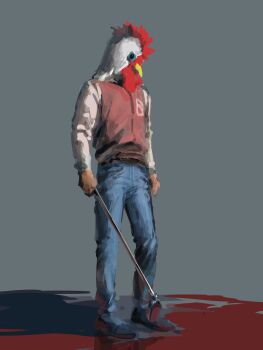1boy animal_head black_shoes blue_pants chicken_mask commentary denim full_body golf_club highres holding holding_golf_club hotline_miami jacket jacket_(hotline_miami) jeans letterman_jacket long_sleeves male_focus mask nieda00 pants richard_(hotline_miami) shoes solo standing unfinished