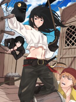1girl 2boys absurdres alternate_costume bandana belt black_belt black_eyes black_gloves black_hair black_pants boat chainsaw_man dakaeya day denji_(chainsaw_man) gloves highres holding holding_rope hook_hand long_hair midriff mitaka_asa multiple_boys navel orange_hair outdoors pants pirate_costume red_bandana rope sharp_teeth ship shirt sword teeth war_devil_(chainsaw_man) watercraft weapon white_shirt yoshida_hirofumi