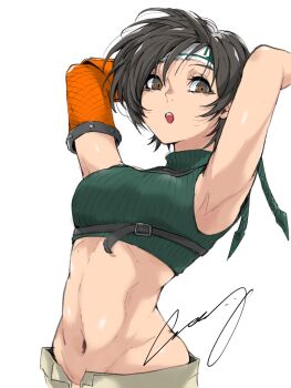 1girl armor arms_behind_head black_hair breasts brown_eyes chest_strap commentary_request crazy02oekaki crop_top final_fantasy final_fantasy_vii green_shirt grey_shorts headband highres looking_at_viewer medium_breasts midriff navel open_fly parted_lips ribbed_shirt shirt shorts signature single_fishnet_armwear solo upper_body white_background yuffie_kisaragi