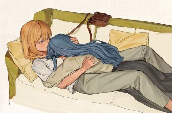 2girls aficksuna bag bang_dream! bang_dream!_it&#039;s_mygo!!!!! blonde_hair blue_hair closed_mouth commentary couch cuddling cushion grey_pants grey_skirt hand_on_another&#039;s_back hand_on_another&#039;s_head handbag hashtag-only_commentary highres long_hair long_sleeves medium_hair misumi_uika multiple_girls on_couch pants pillow procreate_(medium) purple_eyes shirt skirt smile togawa_sakiko two_side_up white_shirt yuri