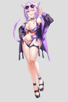 1girl absurdres animal_ear_fluff animal_ears bikini black_bikini black_jacket blush breasts cat_ears cat_girl cat_tail cleavage eyewear_on_head fang full_body grey_background highres hololive jacket large_breasts lochen nekomata_okayu one_eye_closed purple_bikini purple_eyes purple_hair purple_jacket simple_background solo sunglasses swimsuit tail virtual_youtuber