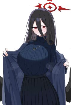Rule 34 | 1girl, afro (afrodite ja), alternate costume, black hair, black skirt, black wings, blue archive, blue sweater, blush, breasts, coat, commentary request, feathered wings, grey coat, hair between eyes, halo, hasumi (blue archive), highres, huge breasts, jewelry, long hair, long hair between eyes, looking ahead, mole, mole under eye, necklace, open clothes, open coat, pleated skirt, red eyes, ribbed sweater, simple background, skirt, solo, steaming body, sweatdrop, sweater, sweater tucked in, white background, wings