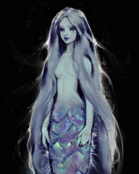 1girl \m/ absurdres black_background black_eyes commentary english_commentary eyeshadow floating_hair grey_hair highres iridescent_skin long_hair makeup mermaid monster_girl original purple_eyeshadow purple_lips scales simple_background smile solo twulfs very_long_hair