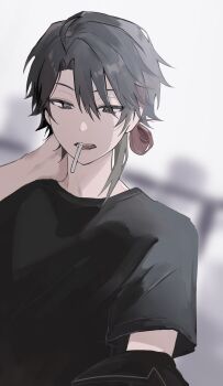 1boy black_hair black_shirt blurry blurry_background cigarette hair_bun hand_on_own_neck hashtag-only_commentary highres looking_down male_focus nijisanji open_mouth ryaa_ko saegusa_akina shirt short_sleeves smoking solo upper_body virtual_youtuber