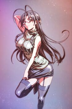 Rule 34 | 1girl, antenna hair, arm behind head, arm up, black hair, black skirt, black thighhighs, breasts, closed mouth, commentary request, earrings, foot out of frame, garter straps, glass, green sweater, grey eyes, hasegawa chisato, highres, jewelry, large breasts, long hair, looking at viewer, miniskirt, mole, mole under eye, official artist extra, pencil skirt, red-framed eyewear, semi-rimless eyewear, shinmai maou no testament, skirt, skirt tug, sleeveless, sleeveless sweater, sleeveless turtleneck, solo, standing, standing on one leg, striped clothes, striped sweater, sweater, thighhighs, turtleneck, turtleneck sweater, under-rim eyewear, watanabe yoshihiro, zettai ryouiki