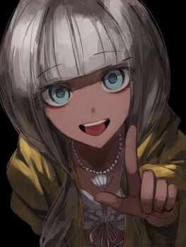 1girl bead_necklace beads bikini black_background blue_eyes blunt_bangs commentary_request danganronpa_(series) danganronpa_v3:_killing_harmony dark-skinned_female dark_skin empty_eyes front-tie_bikini_top front-tie_top grey_hair highres jacket jewelry leaning_forward long_hair long_sleeves looking_at_viewer low_twintails nebusokuuuuuuu necklace open_clothes open_jacket open_mouth pointing pointing_at_viewer shell shell_necklace smile solo swimsuit twintails yonaga_angie