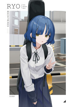 1girl absurdres black_ribbon blue_hair blue_skirt bocchi_the_rock! guitar_case hair_ornament hairclip highres instrument_case kit leaning_forward long_sleeves looking_at_viewer mole mole_under_eye neck_ribbon parted_lips railroad_crossing ribbon school_uniform shirt skirt solo v white_shirt yamada_ryo yellow_eyes