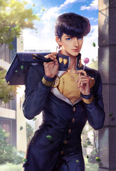 1boy bag blue_jacket blue_pants blue_sky candy closed_mouth commentary_request diamond_wa_kudakenai earrings food higashikata_josuke highres holding holding_candy holding_food holding_lollipop jacket jewelry jojo_no_kimyou_na_bouken kdash leaf lollipop looking_at_viewer male_focus outdoors pants pompadour school_uniform shirt short_hair sky smile solo yellow_shirt