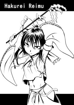 1girl armpits arms_up ascot ayana_mizuki bags_under_eyes bow breasts character_name closed_mouth clothing_cutout commentary_request cowboy_shot crop_top detached_sleeves frilled_bow frilled_hair_tubes frills gohei greyscale hair_bow hair_tubes hakurei_reimu highres hip_vent holding holding_gohei long_hair looking_at_viewer midriff monochrome navel ribbon-trimmed_sleeves ribbon_trim shirt skirt sleeveless sleeveless_shirt small_breasts solo touhou