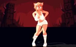 1girl 3d :3 animal_ears animated ass_shake breasts cat_ears cat_tail cleavage curvy dancing fang full_body furry furry_female goya_(lucyfer) gym_uniform hands_on_own_hips helltaker_dance jiggle large_breasts long_hair looking_at_viewer lucyfer navel open_mouth original ponytail shiny_clothes short_shorts shorts simple_background sky smile sound sportswear tail video white_background wide_hips