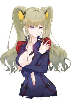 1girl bad_id bad_twitter_id blue_bodysuit bodysuit breasts closed_mouth code_geass code_geass:_boukoku_no_akito cowboy_shot green_hair hands_up highres jewelry leila_malcal long_hair looking_at_viewer medium_breasts navel necklace neko_(ganecooo) plunging_neckline purple_eyes self_hug simple_background solo twintails white_background