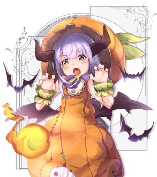 1girl bat_(animal) commission fireball green_eyes halloween halloween_costume kuro_ula long_hair looking_at_viewer magic open_mouth paw_pose pumpkin_costume pumpkin_hat relia_(star_ocean) skeb_commission solo star_ocean star_ocean:_anamnesis star_ocean:_integrity_and_faithlessness