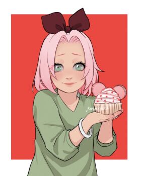 Rule 34 | 1girl, aged down, bow, bracelet, commentary, cupcake, english commentary, food, green eyes, hair bow, haruno sakura, highres, holding, holding food, jewelry, kankuroplease, medium hair, naruto (classic), naruto (series), pink hair, pink lips, red background, signature, smile, solo, upper body