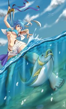 1girl absurdres ahoge anander0 armlet bare_legs bikini bikini_bottom_under_shorts bikini_under_clothes bird blue_hair breasts commission commissioner_upload covered_erect_nipples day earrings fingerless_gloves fire_emblem fire_emblem:_genealogy_of_the_holy_war fish fishing foreshortening front-tie_bikini_top front-tie_top gloves headband highleg highleg_bikini highres holding holding_polearm holding_weapon if_they_mated jacket jewelry legs nail_polish navel necklace nintendo ocean open_clothes open_fly original partially_submerged partially_underwater_shot polearm purple_eyes ripples sand sash selia_(mrtalkingdino) short_hair short_shorts shorts sidelocks sleeveless sleeveless_jacket solo standing stomach string_bikini swimsuit tomboy trident underboob waist_sash water weapon wet white_headband