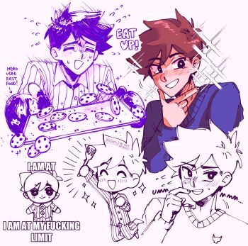 Rule 34 | 2boys, absurdres, antenna hair, arm up, artist name, baking sheet, barefoot, black eyes, blue sweater, bright pupils, brown hair, character doll, chibi, chocolate chip cookie, closed eyes, commentary, cookie, dark-skinned male, dark skin, doll, double-parted bangs, dual persona, english commentary, english text, food, grin, hair between eyes, hero (faraway) (omori), hero (headspace) (omori), hero (omori), highres, holding, holding spatula, holding tray, impact (font), kiisaes, long sleeves, looking at viewer, multiple boys, omori, open mouth, oven mitts, pajamas, pants, partially colored, purple hair, short hair, simple background, smile, spatula, striped clothes, striped pajamas, striped pants, stuffed toy, sweat, sweater, teeth, tray, vertical-striped clothes, vertical-striped pajamas, vertical-striped pants, white background, white pupils