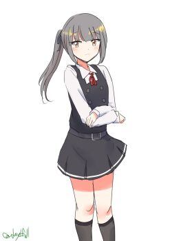 1girl absurdres belt black_dress brown_eyes collared_shirt crossed_arms dress dress_shirt feet_out_of_frame grey_hair grey_socks highres kantai_collection kasumi_(kancolle) kasumi_kai_ni_(kancolle) long_hair looking_at_viewer one-hour_drawing_challenge pinafore_dress robinson_(day_l_full) shirt side_ponytail simple_background sleeveless sleeveless_dress socks solo twitter_username white_background white_shirt
